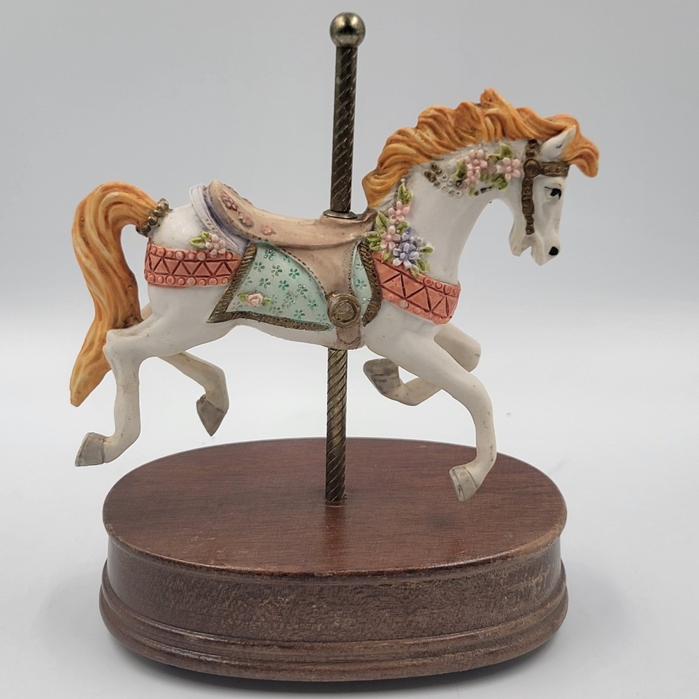 Vintage Carousel Horse Porcelain Floral Pastel Wood Base 1980s 1990s
